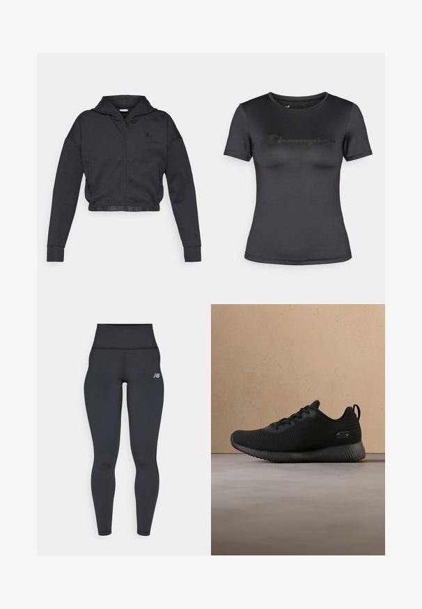 Gekorte zip-up hoodie in donkergrijze katoenmengeling met een gladde afwerking. Voorzien van een capuchon, elastische zoom en een klein logo op de borst.; Zwart T-shirt met korte mouwen gemaakt van gladde stof, met een subtiel geperst "Champion" logo op de borst en een ronde halslijn.; Zwarte high-waisted sportlegging met een getailleerd ontwerp, een soepele textuur en een klein wit logo op de linkse heup.; Zwarte sportieve schoenen met een textuur bovenkant, ronde neus en veters. Beschikt over een gewatteerde zool en een lus aan de achterzijde voor gemakkelijke aan- en uittrekken.
