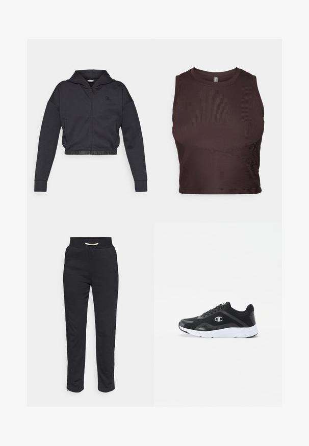 Sudadera corta con cremallera en una mezcla de algodón gris oscuro con acabado suave. Cuenta con capucha, dobladillo elástico y un pequeño logo en el pecho.; Top corto de canalé marrón oscuro con tirantes anchos, escote redondo y diseño sin costuras. Presenta una silueta ajustada y tela elástica para mayor comodidad.; Pantalones deportivos negros de tejido suave, con una cinturilla acanalada y franjas laterales, y un zipper en el dobladillo para un ajuste ajustable.; Zapatillas deportivas negras con parte superior de malla, suela de goma blanca y logo en tono en el lado. Con cordones y un collar acolchado para mayor soporte.