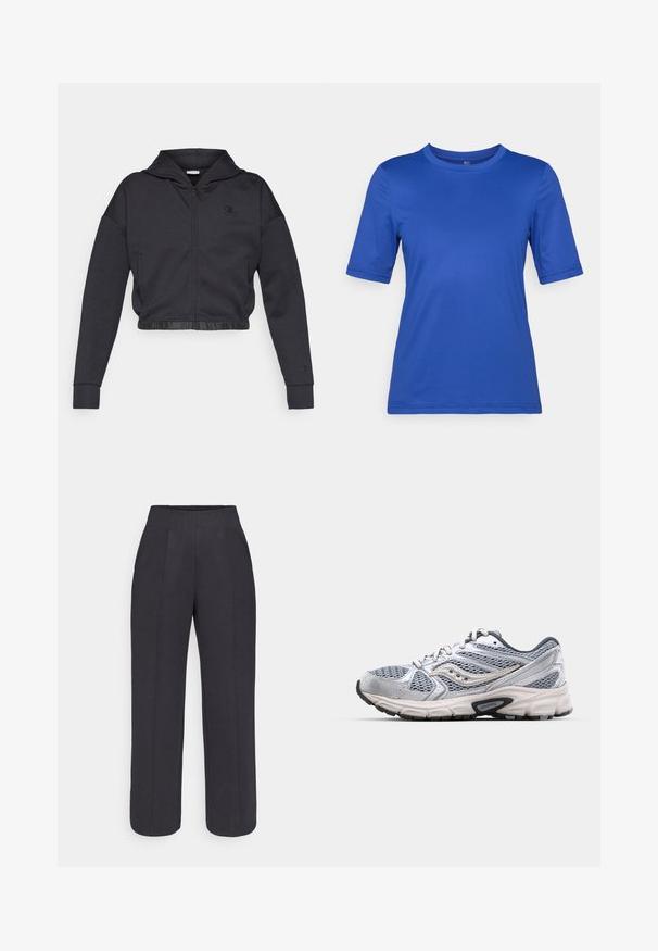 Sudadera corta con cremallera en una mezcla de algodón gris oscuro con acabado suave. Cuenta con capucha, dobladillo elástico y un pequeño logo en el pecho.; ONLY Play ONPJINTO ON TRAIN TEE - Camiseta básica - mazarine blue; Pantalones negros de pierna ancha con cintura alta y detalle de pliegues, hechos de una tela suave, con una silueta limpia y entallada.; Zapatilla de correr plateada con parte superior de malla, suela acolchada y detalles en gris. Presenta una punta redondeada y un diseño con cordones. Logo de la marca visible.