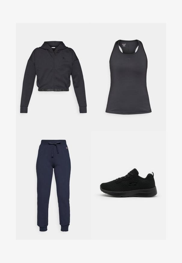 Kort lynlåshættejakke i mørkegråt bomuldsblanding med en glat finish. Har hætte, elastisk kant og et lille logo på brystet.; Sort atletik tanktop med racerback-design, lavet af glat, strækbart stof med få sømme og logo på forsiden.; Mørkeblå sweatpants lavet af en bomulds-blanding, med snor i taljen, ribbede manchetter og et lille logo på hoften.; Sorte atletiske sneakers med en mesh overdel, polstret krave, snørebåndsdesign og en tekstureret gummisål. Enkel og strømlinet silhuet.
