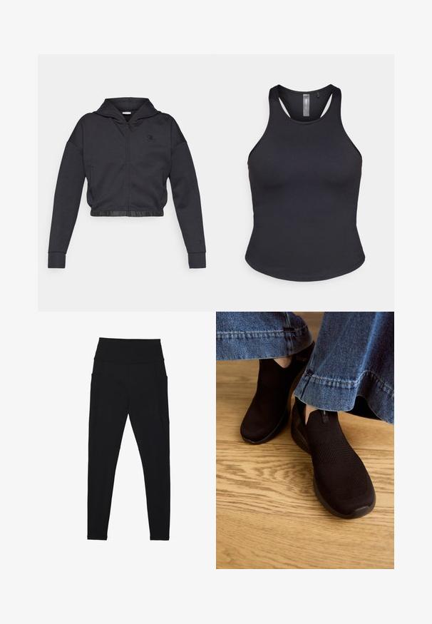 Kort lynlåshættejakke i mørkegråt bomuldsblanding med en glat finish. Har hætte, elastisk kant og et lille logo på brystet.; ONLY Play ONPSANA SHORT - Top - black; Sorte leggings med høj, ribbet talje, sidelommer og smooth, strækbart stof. Slank pasform gennem benene.; Sorte slip-on sko med en tekstureret strikoverdel og elastisk åbning. Rund tåform og lavprofil polstret sål, båret med denimkant.