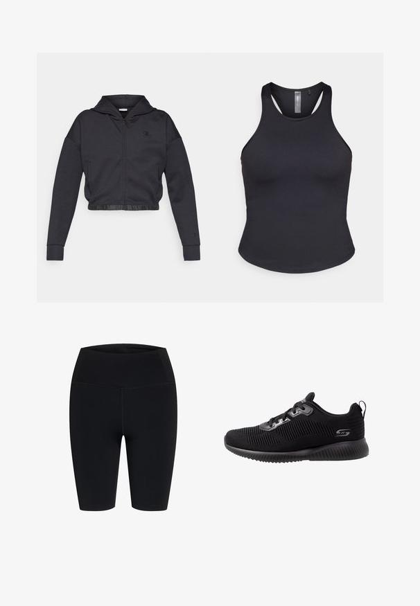 Kurz geschnittener Kapuzenpullover mit Reißverschluss aus dunkelgrauem Baumwollmischgewebe mit glattem Finish. Mit Kapuze, elastischem Saum und kleinem Logo auf der Brust.; ONLY Play ONPSANA SHORT - Top - black; Hoch taillierte, schwarze, knielange Stretch-Shorts mit flachen Nähten, designed für Sportbekleidung oder den Freizeitgebrauch.; Schwarze Sportschuhe mit einem strukturierten Strickobermaterial, Schnürdesign, gepolstertem Schaft und einer gepolsterten Gummisohle mit gerippten Details.
