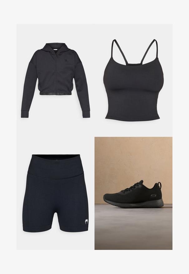 Kort lynlåshættejakke i mørkegråt bomuldsblanding med en glat finish. Har hætte, elastisk kant og et lille logo på brystet.; Sort tætsiddende camisole lavet af glat stof, med tynde stropper og rund halsudskæring, uden yderligere mønstre eller accenter.; Sorte atletiske shorts med en glat stof og mesh-sidedele. Har en bred talje og et lille logo på det nederste ben.; Sorte sportsko med tekstureret overdel, rund tå og snørebånd. Har en polstret sål og en løkke i hælen for nem påtagning.