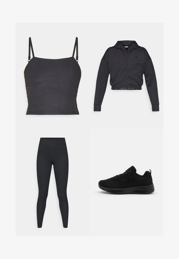 Sweat à capuche zippé court en mélange de coton gris foncé avec une finition lisse. Il est doté d'une capuche, d'un ourlet élastique et d'un petit logo sur la poitrine.; Camisole noire côtelée avec des bretelles fines et réglables et un design ajusté, présentant une texture lisse et un décolleté droit.; Leggings noirs avec une ceinture haute, fabriqués en tissu lisse. Ils présentent des jambes longues et aucun motif ou élément visible.; Baskets de sport noires avec une tige en mesh, un col rembourré, un design à lacets et une semelle en caoutchouc texturé. Silhouette simple et épurée.