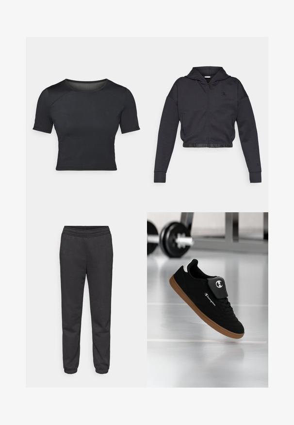 Gekorte zip-up hoodie in donkergrijze katoenmengeling met een gladde afwerking. Voorzien van een capuchon, elastische zoom en een klein logo op de borst.; Zwarte korte mouwen crop top gemaakt van glad, rekbaar materiaal met een ronde halslijn en subtiele naaddetails op de schouders.; Donkergrijze joggingbroek met een tailleband met trekkoord, taps toelopende pijpen en elastische boorden. Gemaakt van een zachte, gestructureerde stof.; Zwartbruine Champion-sneaker zwevend in de lucht in een sportschoolomgeving met een wazige halter op de achtergrond.