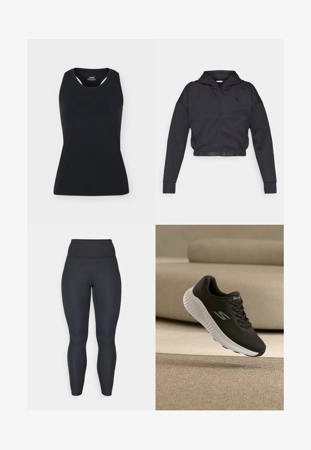 Kort lynlåshættejakke i mørkegråt bomuldsblanding med en glat finish. Har hætte, elastisk kant og et lille logo på brystet.; Sort ærmeløs sportstanktop med rund halsudskæring og bryderryg, vist på ensfarvet lyst baggrund.; Høj taljede sorte ribbede leggings med en tætsiddende design, glat tekstur og fuldlængde pasform. Har en bred talje for støtte.; Sort Skechers-sneaker med hvid sål, der svæver over en beige tæppe foran en lysebrun sofa.