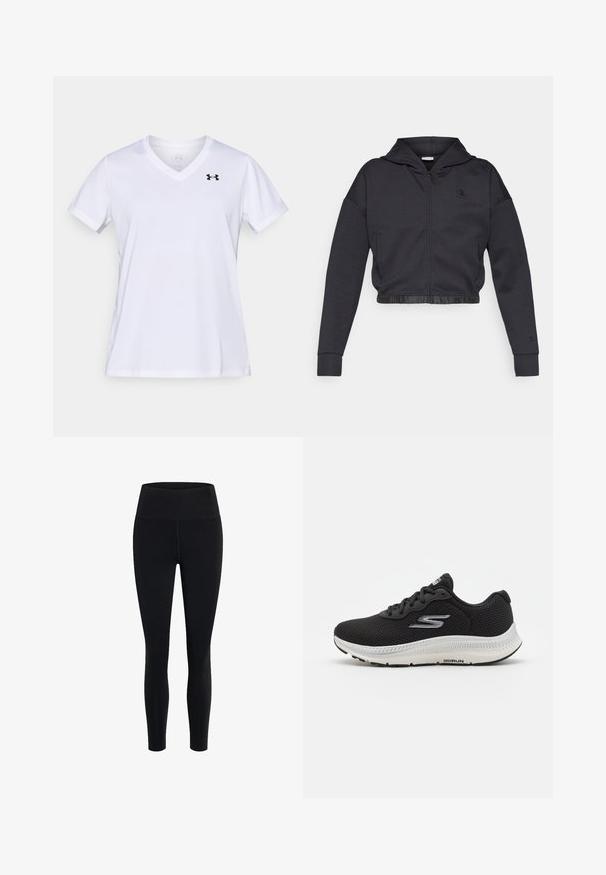 Kort lynlåshættejakke i mørkegråt bomuldsblanding med en glat finish. Har hætte, elastisk kant og et lille logo på brystet.; Hvid T-shirt med korte ærmer og V-udskæring, lavet af bomuldsblanding med en sort logo øverst til venstre. Glat tekstur og almindelig pasform.; Girlfriend Collective FLOAT HIGH RISE LEGGING 7/8 - Tights - black; Sort atletisk sneaker med mesh-overdel, rund tå, snørebåndsdesign og en kontrastfarvet hvid, polstret sål. Har logodetalje på siden.