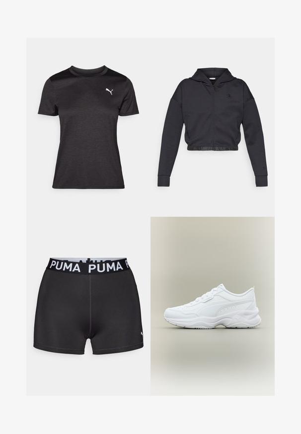Kort lynlåshættejakke i mørkegråt bomuldsblanding med en glat finish. Har hætte, elastisk kant og et lille logo på brystet.; Sort atletisk T-shirt med korte ærmer, rund halsudskæring og et hvidt logo på brystet. Glat tekstur og tætsiddende form.; Sorte atletiske shorts lavet af strækbart materiale med en bred sort talje, der har hvid "PUMA" branding. Glat overflade, tætsiddende design.; Hvid lavtop atletiksneaker med snørebånd foran, tekstureret sål og subtil syet design på glat overmateriale.