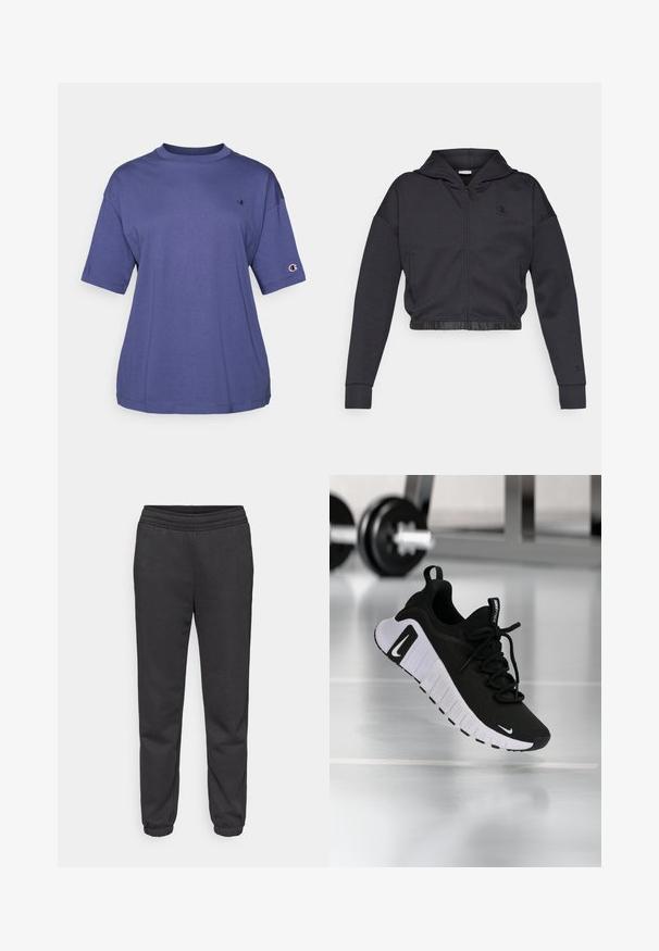Kort lynlåshættejakke i mørkegråt bomuldsblanding med en glat finish. Har hætte, elastisk kant og et lille logo på brystet.; Lilla bomulds T-shirt med rund hals og korte ærmer, med et lille logo på brystet og et logo patch på ærmet.; Mørkegrå joggingbukser med snøre i taljen, tilspidsede ben og elastiske manchetter. Fremstillet af et blødt, tekstureret stof.; Sort atletiksko med en tekstureret stofoverdel, hvid sål og fremtrædende snøresystem. Indeholder en Nike-logo og et blødt, polstret design.