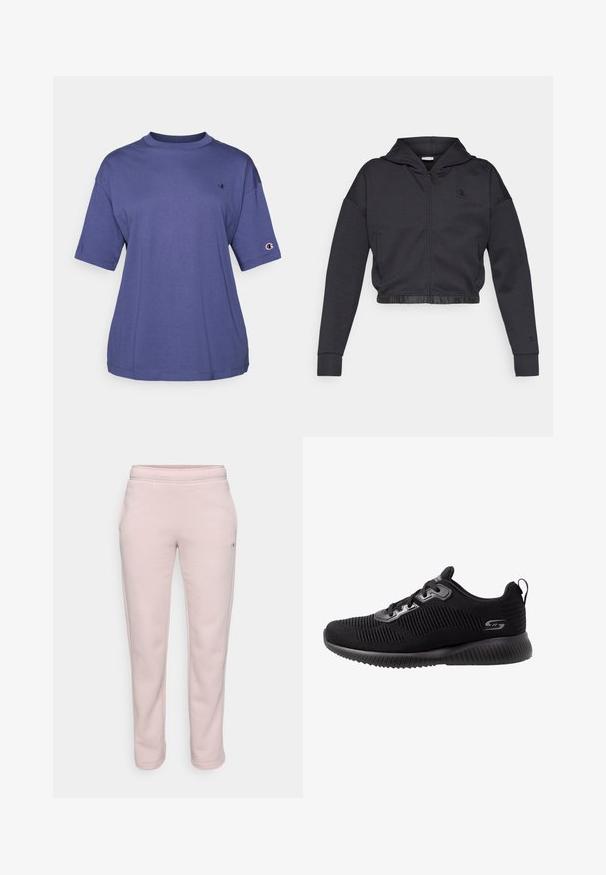 Sudadera corta con cremallera en una mezcla de algodón gris oscuro con acabado suave. Cuenta con capucha, dobladillo elástico y un pequeño logo en el pecho.; Camiseta de algodón morada de cuello redondo y manga corta, que presenta un pequeño logo en el pecho y un parche del logo en la manga.; Pantalones de chándal rosa claro hechos de una tela suave, con un corte holgado, cintura elástica y bolsillos laterales. Sin patrones visibles ni piezas metálicas.; Zapatillas deportivas negras con parte superior de punto texturizado, diseño de cordones, cuello acolchado y suela de goma acolchada con detalles estriados.