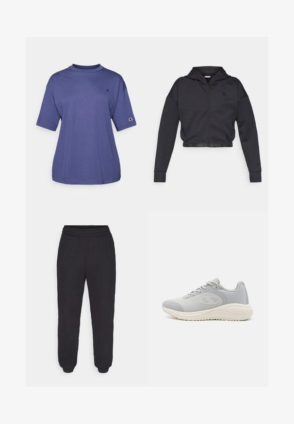 Sudadera corta con cremallera en una mezcla de algodón gris oscuro con acabado suave. Cuenta con capucha, dobladillo elástico y un pequeño logo en el pecho.; Camiseta de algodón morada de cuello redondo y manga corta, que presenta un pequeño logo en el pecho y un parche del logo en la manga.; Pantalones deportivos negros con una cintura elástica, puños de pierna ajustados, tela suave y sin patrones visibles ni detalles de hardware.; Zapatillas deportivas grises con parte superior de malla, cierre de cordones y suela blanca moldeada; presentan un patrón texturizado y un acento de logo.