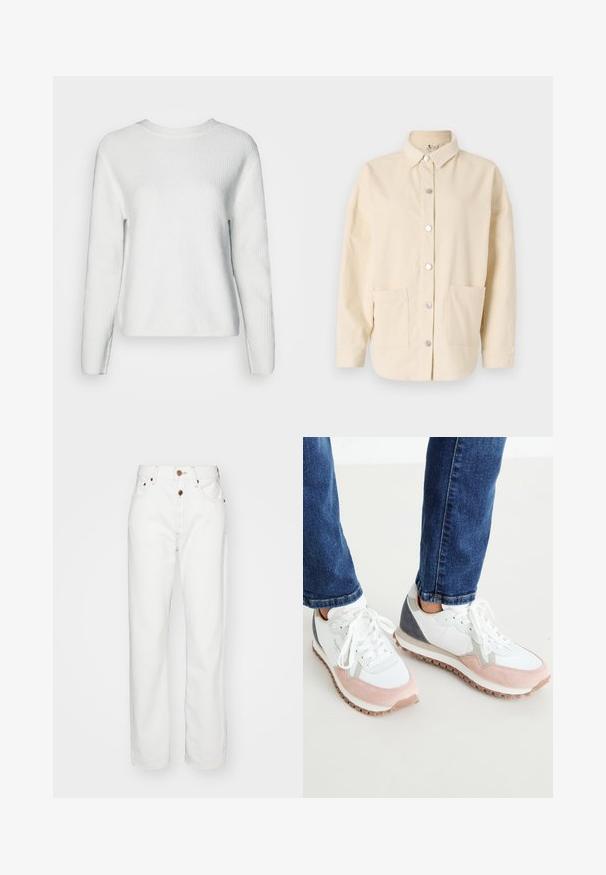 Pull en tricot blanc avec un col rond, des manches longues, un motif en côtes texturé et une coupe décontractée.; Veste chemise en velours côtelé crème avec un col, fermeture à boutons argentés et deux poches avant. Coupe décontractée et tissu texturé.; Jeans en denim blanc avec une coupe droite ; comprend une fermeture à bouton et à glissière, des coutures beiges et des poches avant.; Baskets blanches et rose clair avec des accents gris, dotées d'une tige en daim et mesh, d'une semelle en caoutchouc et de lacets ronds.
