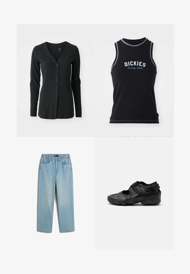 Sort ribbet cardigan med V-udskæring, lange ærmer og en knaplukning foran med fem knapper. Lavet af struktureret stof.; Sort ærmeløs tanktop med grå syninger. Har "DICKIES" logo i hvid og blå. Lavet af et glat, strækbart stof.; Vans CINCHED CHECK - Baggy jeans - light stonewash; Sort atletisk sandal med lukket tå, velcro stropper ved mellemfoden og hælen samt tyk polstret sål markeret med "AIR" på siden.