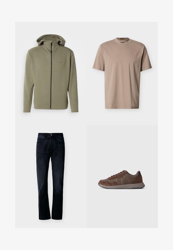 Sweat à capuche zippé vert olive en tissu lisse, avec un col montant, une capuche ajustable à cordon de serrage et un logo discret sur la poitrine.; T-shirt beige à manches courtes avec un col rond haut et le logo "BOSS" sur le col. Fabriqué en tissu doux avec une texture lisse.; Jean droit couleur indigo foncé avec fermeture avant à boutons et zip, passants pour ceinture et design à cinq poches, présenté sur un fond clair uni.; Basket marron présentant un mélange de matériaux lisses et en daim, un bout rond, une semelle en caoutchouc texturée et un accent de talon noir contrastant.