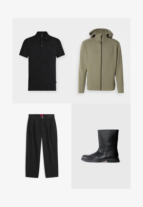 Olivengrøn lynlåshættejakke lavet af glat stof, med høj krave, justerbar snøre i hætten og et diskret logo på brystet.; Sort slim-fit polo skjorte med tre knapper, korte ærmer og diskret "BOSS" logo på brystet og indersiden af kraven.; Sorte bukser med høj talje med forreste læg, bæltestropper, knap og lynlås lukning samt en rød label indeni linningen.; Sorte læder ankelstøvler med tekstureret overflade, rund tå og lav gummisål. Enkel design uden synlig hardware eller udsmykninger.