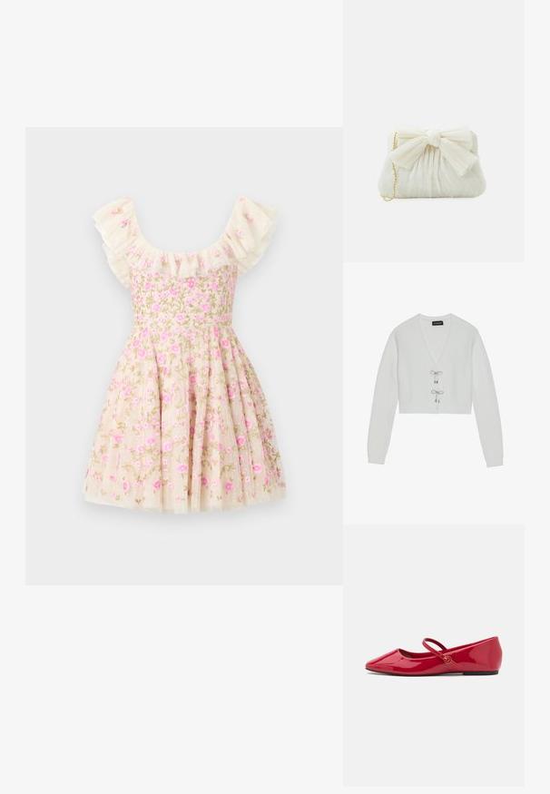 Even&Odd by Zalando Cardigan - 001 - white; Blomstret broderet kjole i creme, med flæser på ærmerne, lyserøde blomster og en flagrende nederdel. Fremstillet af et letvægtsstof.; Røde ballerinasko i laklæder med spids snude, ankelrem og en lille rund detalje på remmen. Flad sål og glat tekstur.; Hvid plisseret clutch-taske med en fremtrædende sløjfedetalje og en guldkædetras. Blød tekstur med et samlet design på forsiden.