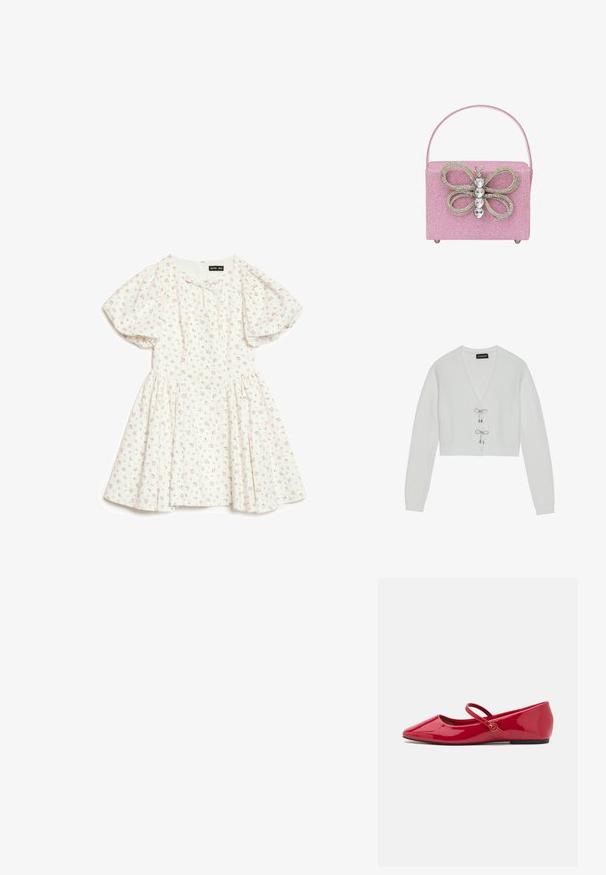 Even&Odd by Zalando Cardigan - 001 - white; Hvid kortærmet kjole med puffede ærmer og lille pink blomsterprint, med en rynket talje og en rund halsudskæring med en lille sløjfe.; Røde ballerinasko i laklæder med spids snude, ankelrem og en lille rund detalje på remmen. Flad sål og glat tekstur.; Lyserød glimmer håndtaske med et sommerfuglemotiv lavet af rhinsten, med en struktureret form og et enkelt top håndtag.