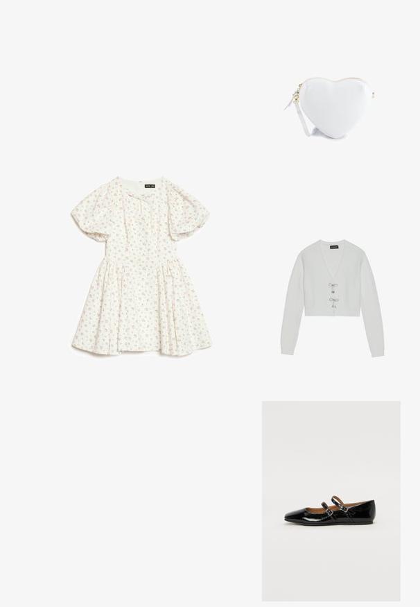 Even&Odd by Zalando Cardigan - 001 - white; Hvid kortærmet kjole med puffede ærmer og lille pink blomsterprint, med en rynket talje og en rund halsudskæring med en lille sløjfe.; Sort laklæderballetsko med spids tå, to justerbare remme med spænder og en flad sål. Glat tekstur med en blank finish.; Hvid læder hjerteformet håndledspung med guld lynlås og lås, tekstureret overflade og aftagelig rem på hvid baggrund.