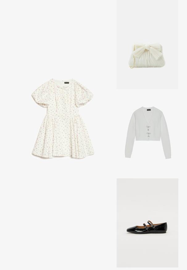 Even&Odd by Zalando Gilet - 001 - white; Robe blanche à manches courtes bouffantes avec un petit imprimé floral rose, dotée d'une taille froncée et d'un col rond avec un petit nœud.; Ballerine plate en cuir verni noir avec un bout pointu, deux brides ajustables avec boucles, et une semelle plate. Texture lisse avec une finition brillante.; Sac à main plissé blanc avec un nœud proéminent et une chaîne dorée. Texture douce avec un design froncé à l'avant.