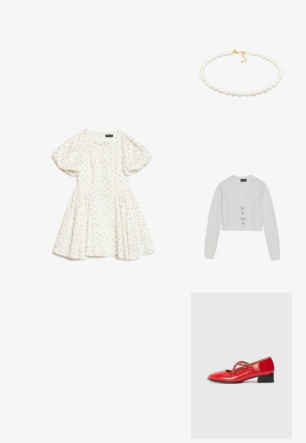 Even&Odd by Zalando Cardigan - 001 - white; Hvid kortærmet kjole med puffede ærmer og lille pink blomsterprint, med en rynket talje og en rund halsudskæring med en lille sløjfe.; Røde lakerede Mary Jane-sko med firkantet tå, to justerbare spænder, lille sort blokhæls og glat tekstur.; Elli CHOKER SUMMER STYLE - Halskæder - gold-coloured