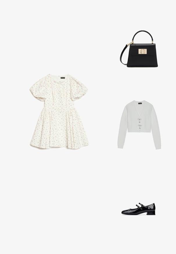 Even&Odd by Zalando Vest - 001 - white; Witte jurk met korte mouwen en pofmouwen, met een kleine roze bloemenprint, een geplooide taille en een ronde halslijn met een klein strikje.; Zwarte gepatineerde leren Mary Jane-schoenen met een lage blokhak, dubbel bandontwerp en ronde metalen gespen. Glad, glanzend oppervlak.; Zwarte leren handtas met bovenhandvat, afneembare schouderriem en gouden rechthoekige sluiting op de voorspat.