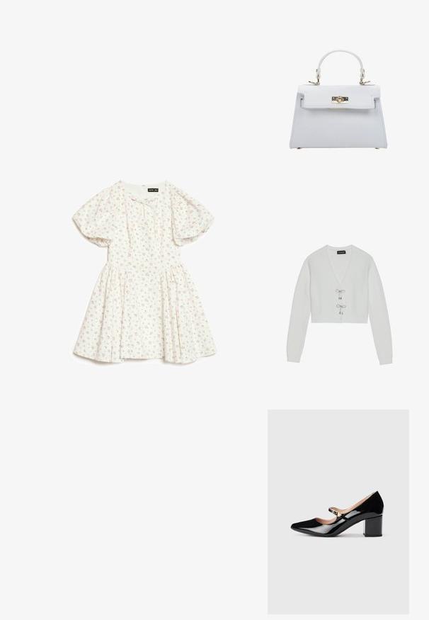 Even&Odd by Zalando Vest - 001 - white; Witte jurk met korte mouwen en pofmouwen, met een kleine roze bloemenprint, een geplooide taille en een ronde halslijn met een klein strikje.; Zwarte lakleren Mary Jane-hakken met een spitse neus, een middelgrote blokhak en een decoratieve gouden gesp op de band.; ESTRO Handtas - white