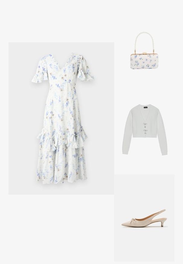 Even&Odd Chaqueta de punto - 001 - white; Vestido midi floral en azul claro y blanco con mangas abullonadas, escote en V y dobladillo con volantes, que presenta acentos y patrones en marrón oscuro dispersos.; Tacones slingback de charol beige con puntera afilada y un lazo decorativo en el empeine. Incluyen un tacón bajo y estilizado con una textura suave.; Clutch rectangular blanca con patrón floral azul y asa con cuentas de perlas, herrajes en tono dorado y cierre con broche.
