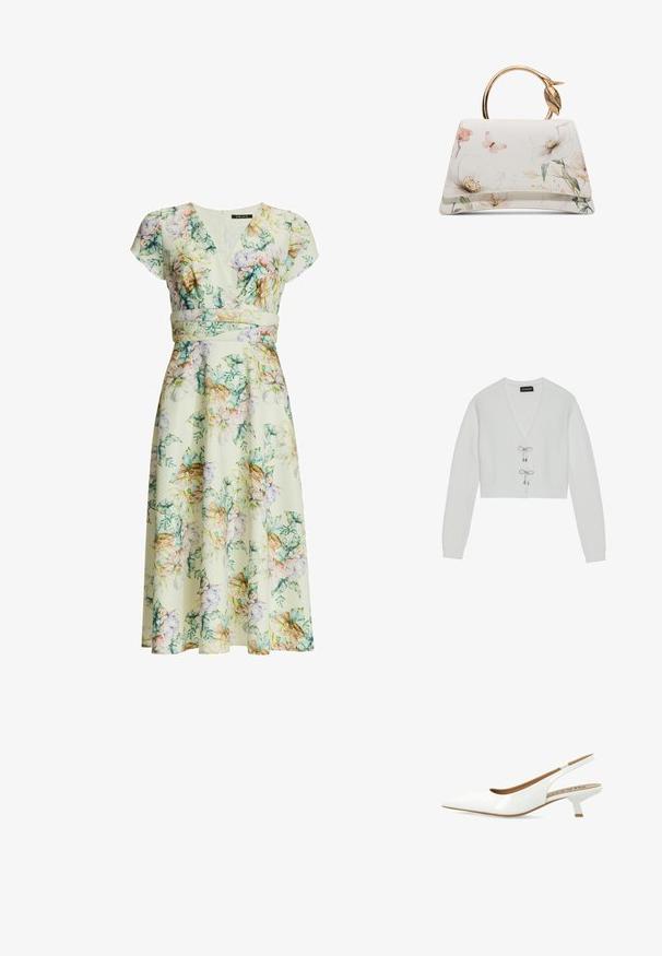 Even&Odd by Zalando Gilet - 001 - white; Robe midi fleurie avec manches courtes, col en V, taille cintrée et fleurs pastel dans des tons verts, roses, violets et beiges sur fond crème.; Escarpin en cuir verni blanc avec un bout pointu, doté d'un petit talon carré et d'un détail découpé à l'arrière. Texture lisse.; Sac à main blanc avec imprimé floral et papillons, forme trapézoïdale, et poignée ronde dorée avec détail feuille.