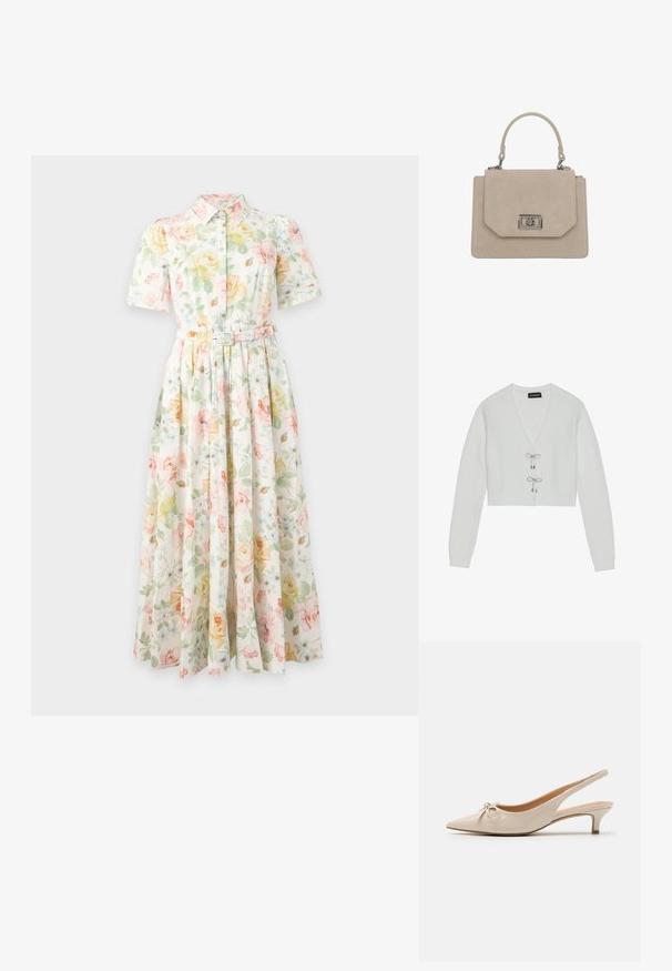 Even&Odd by Zalando Vest - 001 - white; Bloemenprint midi-jurk met korte mouwen, knopen, kraag en riem, met pastelgele, groene en roze bloemen op een witte achtergrond.; Beige gepatineerde lederen slingback hakken met een spitse neus en een decoratieve strik op de wreef. Voorzien van een lage, slanke hak en een gladde textuur.; Beige suède handtas met bovenhandvat, rechthoekige vorm, voorklep en zilveren rechthoekige draaivergrendeling.