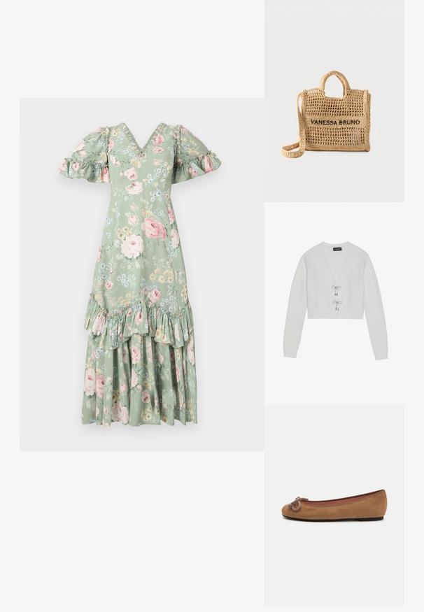 Even&Odd Vest - 001 - white; Floral maxi-jurk in zacht groen met een V-hals, pofmouwen, ruches en een gelaagde zoom. Bevat roze rozen en kleine blauwe bloemen.; Bruine suède ballerina's met een ronde neus, voorzien van een decoratieve touwknopen aan de voorkant en een vlakke zool.; Beige handtas van geweven materiaal met twee handvatten, lange riem, opengeweven ontwerp en "VANESSA BRUNO" in zwarte letters geborduurd aan de voorkant.