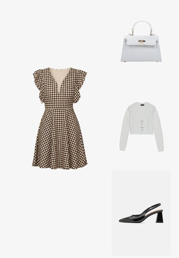 Even&Odd by Zalando Vest - 001 - white; Mouwloze A-lijn jurk met bruin en crème pied-de-poule patroon, gerimpelde schouderdetails en een diepe V-hals met ritssluiting aan de achterkant.; Zwarte gepatineerde slingback hakken met een spitse neus, voorzien van een unieke geometrische blokhak en een gladde textuur. Verstelbare band voor ondersteuning.; ESTRO Handtas - white