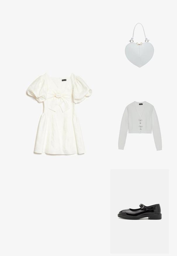 Even&Odd by Zalando Strickjacke - 001 - white; Weißes kurzes Kleid mit Puffärmeln und großem vorderem Schleifendetail, mit dem Etikett Sister Jane, flach auf weißem Hintergrund liegend.; Schwarzer Lackleder-Mary-Jane-Schuh mit runder Zehenform, verstellbarem Schnallenriemen, niedrigem Blockabsatz und glatter, glänzender Oberfläche.; Weiße Lederhandtasche in Herzform mit kurzem Griff und goldfarbenem Reißverschluss oben in der Mitte.
