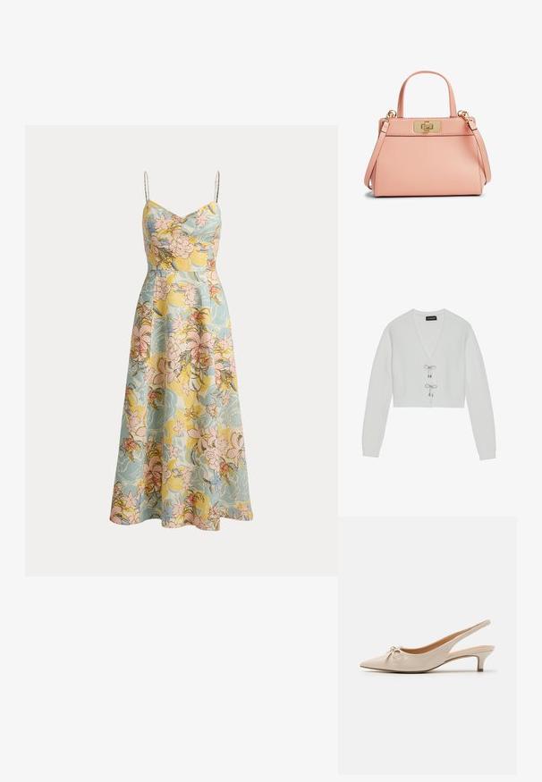 Even&Odd by Zalando Ζακέτα - 001 - white; Μίντι φόρεμα χωρίς μανίκια με λεπτές τιράντες, εφαρμοστή μπούστα και φλοράλ σχέδιο σε παστέλ αποχρώσεις κίτρινου, μπλε, ροζ και πράσινου.; Μπέζ παπούτσια slingback από πατεντέ δέρμα με κοφτό κάλυμμα και διακοσμητική κορδέλα στη γάμπα. Περιλαμβάνουν χαμηλό, λεπτό τακούνι και λείο υλικό.; Μικρή ροζ τσαντάκι από δέρμα με χρυσό ορθογώνιο κούμπωμα τύπου twist-lock, κοντά χερούλια και αποσπώμενο ιμάντα ώμου.
