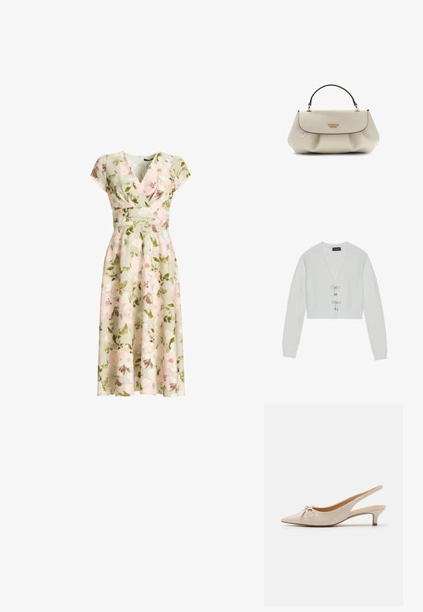 Even&Odd by Zalando Gilet - 001 - white; Robe portefeuille verte à imprimé floral avec manches courtes, taille cintrée et jupe midi évasée présentant des fleurs roses et blanches ainsi que des feuilles vertes.; Escarpins slingback en cuir verni beige avec un bout pointu et un nœud décoratif sur le devant. Comprennent un talon bas et fin ainsi qu'une texture lisse.; Sac à main en cuir beige avec poignée noire, logo doré "GUESS EST 1981" sur le rabat avant, structuré avec des plis doux à la base.