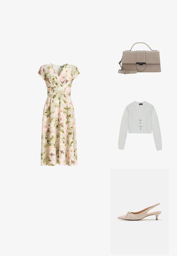 Even&Odd by Zalando Gilet - 001 - white; Robe portefeuille verte à imprimé floral avec manches courtes, taille cintrée et jupe midi évasée présentant des fleurs roses et blanches ainsi que des feuilles vertes.; Escarpins slingback en cuir verni beige avec un bout pointu et un nœud décoratif sur le devant. Comprennent un talon bas et fin ainsi qu'une texture lisse.; LANCASTER PARIS ILY - Sac à main - beigefonce
