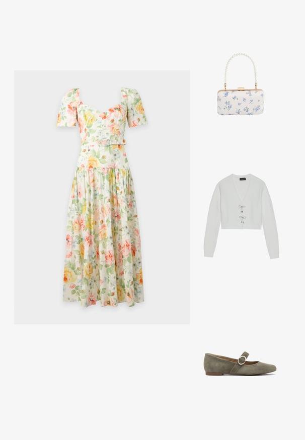 Even&Odd by Zalando Cardigan - 001 - white; Floral midi kjole med pufærmer, hjerteudskæring, figursyet talje med bælte og et flydende skørt i pastelgule, pink og grønne toner.; Grøn ruskinds balletflade med rund tå, en tynd rem med detalje i sølvring og en lav brun hæl.; Hvid rektangulær clutch med blåt blomsterprint og perlebehandlet håndtag med guldfarvet hardware og lås.