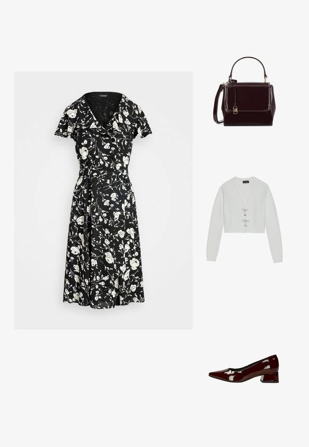 Even&Odd by Zalando Gilet - 001 - white; Robe noire avec motif floral blanc, manches courtes, décolleté en V et accents de boutons. Jupe évasée pour un ajustement fluide. Le matériau semble léger.; Escarpin brillant pour femme, de couleur bordeaux foncé, à talon bas et bloc, avec bout pointu, présenté en profil latéral sur fond blanc.; Sac à main en cuir bordeaux foncé brillant avec poignée supérieure, bandoulière réglable, fermeture à rabat et petit détail de boucle dorée sur le devant.