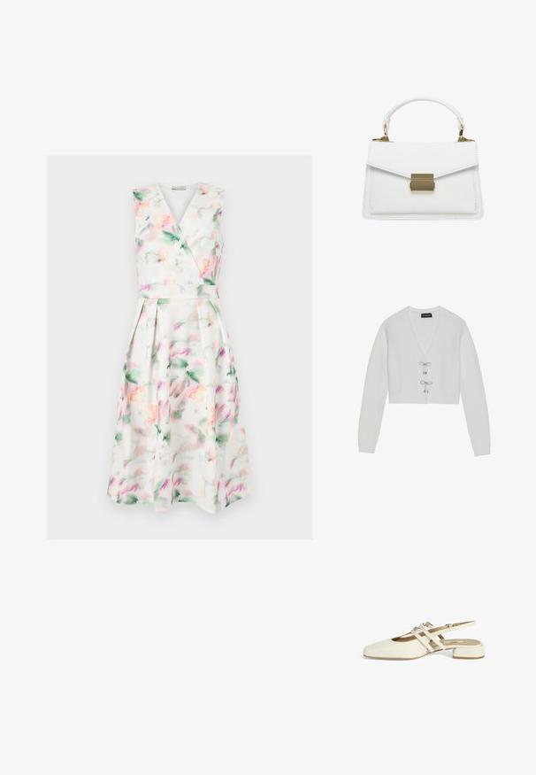 Even&Odd Vest - 001 - white; Mouwloze witte midi-jurk met pastel aquarel bloemenprint, V-hals wikkelbodysuit, getailleerde taille en geplooide rok.; Witte slingback schoen met een vierkante neus, kruisbandontwerp en een lage blokhak. Gladde textuur en minimalistische esthetiek.; Witte leren handtas met een gestructureerde vorm, voorzien van een omvouwbare klep, een sluiting van goudkleurig metaal en een korte handgreep. Glad oppervlak, minimale stiksels.