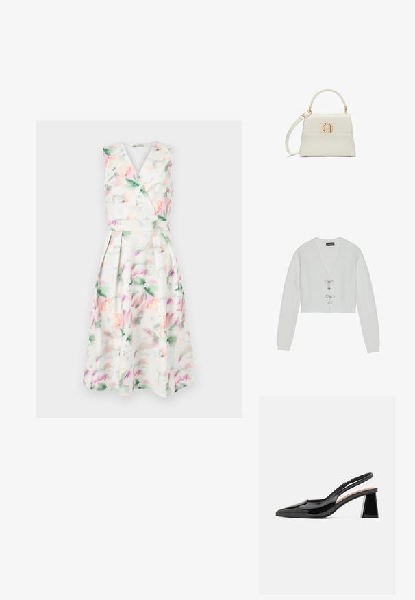 Even&Odd Cardigan - 001 - white; Ærmeløs hvid midi-kjole med pastel akvarelblomstret print, V-hals omslagsbodice, tætsiddende talje og plisseret nederdel.; Sorte patent slingback hæle med spids tå, der har en unik geometrisk blokhæl og en glat tekstur. Justerbar rem for støtte.; Lille hvid håndtaske med topgreb, aftagelig skulderrem og guld rektangulært spænde på frontklap.