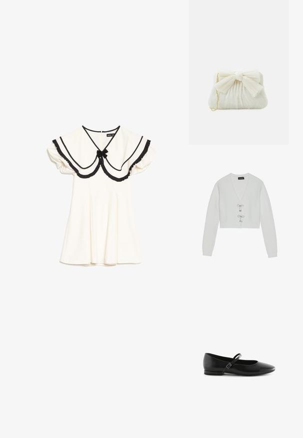 Even&Odd Vest - 001 - white; Crèmekleurige jurk met een oversized kraag afgezet met zwart, zwarte ruches aan de randen, korte pofmouwen en een kleine zwarte strik bij de halslijn.; Zwarte leren balletschoenen met een puntige neus, platte zool en een enkele enkelband met een rechthoekige gesp. Glad oppervlak overal.; Witte geplooide clutchtas met een opvallende strikdetail en een gouden kettinghengsel. Zachte textuur met een geplooid ontwerp aan de voorkant.