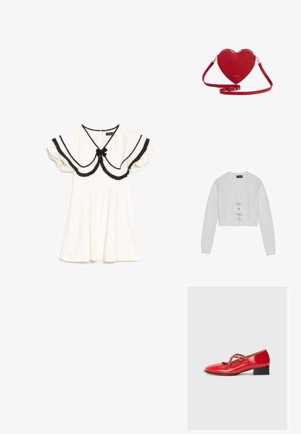 Even&Odd by Zalando Cardigan - 001 - white; Kremfarvet kjole med oversized krave med sort kant, sorte flæsekantede kanter, puffede korte ærmer og en lille sort sløjfe ved halsudskæringen.; Røde lakerede Mary Jane-sko med firkantet tå, to justerbare spænder, lille sort blokhæls og glat tekstur.; Rød hjerteformet crossbody taske i læder med guld lynlåse og justerbar rem, mærket "Fable" med guldbogstaver.