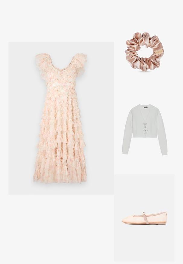 Even&Odd by Zalando Strickjacke - 001 - white; Needle & Thread DITSY LOLA BACKLESS BALLERINA DRESS - Cocktailkleid/festliches Kleid - moonshine pink; Hellbeiger flacher Schuh mit spitz zulaufender Vorderkappe und einem einzelnen seitlichen Schnallenriemen, präsentiert auf weißem Hintergrund.; Hellrosa Satin-Scrunchie mit einem kleinen beigen Etikett auf weißem Hintergrund, zeigt glatten, glänzenden Stoff und gesammelte Textur.