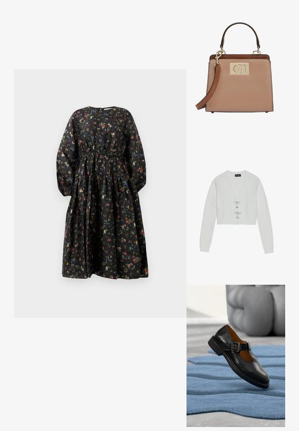 Even&Odd by Zalando Strickjacke - 001 - white; Schwarzes Blumenmusterkleid mit langen Ärmeln, geraffter Taille und gestuftem Rock. Es zeichnet sich durch ein buntes Blumenmuster und eine glatte Stoffstruktur aus.; Schwarzer Mary Jane Lederschuh mit Schnallenriemen, schwebend über einem blauen strukturierten Teppich, mit einer unscharfen Skulptur im Hintergrund.; Strukturierte Handtasche aus beigem, genarbtem Leder, mit einer goldfarbenen Logo-Plakette, einem oberen Griff und einem abnehmbaren Schulterriemen.