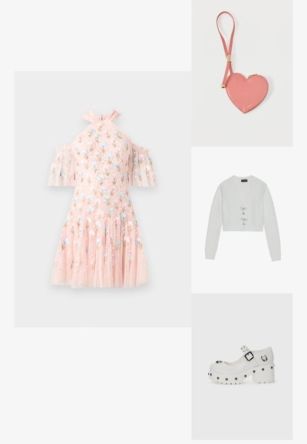 Even&Odd by Zalando Gilet - 001 - white; Robe courte rose avec manches épaules dénudées, ornée de broderies florales bleues et roses, tissu en tulle transparent à couches, et encolure à volants.; Chaussures à plateforme blanches avec un bout arrondi, sangle à boucle et clous ronds. Semelle texturée avec un léger talon et détail de quincaillerie décoratif.; Pochette à pièces en cuir rose en forme de cœur avec sangle de poignet et fermeture éclair dorée, marquée d’un petit texte doré "Furla".