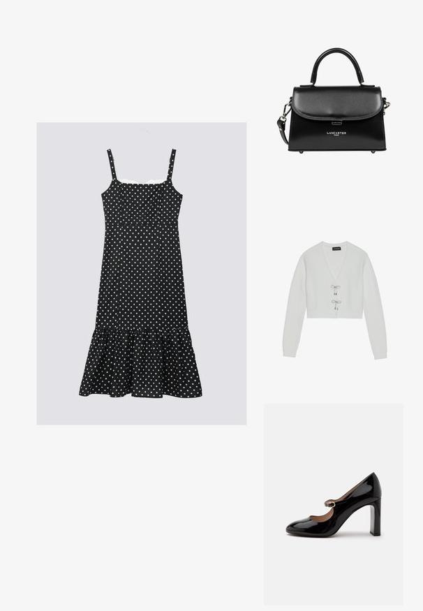 Even&Odd by Zalando Gilet - 001 - white; Robe noire à pois blancs avec bretelles réglables, un corsage ajusté et un ourlet volants. Fabriquée en tissu léger, avec des pois blancs.; Chaussure Mary Jane à talon haut en cuir verni noir avec un bout arrondi et une petite sangle à boucle sur le coup de pied sur fond blanc.; Sac à main en cuir noir au design structuré, avec une poignée supérieure, une bandoulière détachable, un fermoir magnétique et des accents en métal argenté. Présente un logo.