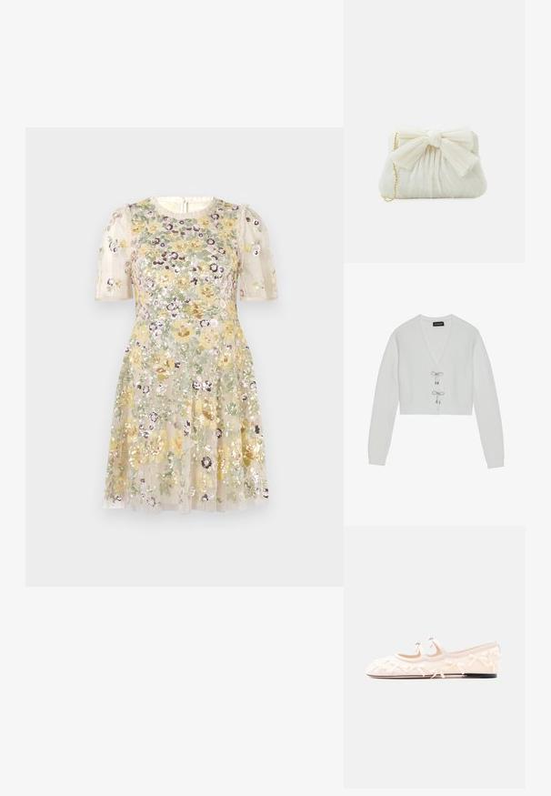 Even&Odd by Zalando Chaqueta de punto - 001 - white; Needle & Thread ELINA ROSE SHORT SLEEVE MINI DRESS - Vestido de fiesta - cream; Zapato plano de color crema con dos correas, adornado con pequeños lazos, y suela negra sobre un fondo blanco liso.; Bolso de mano plisado blanco con un destacado detalle de lazo y una correa de cadena dorada. Textura suave con un diseño fruncido en la parte frontal.