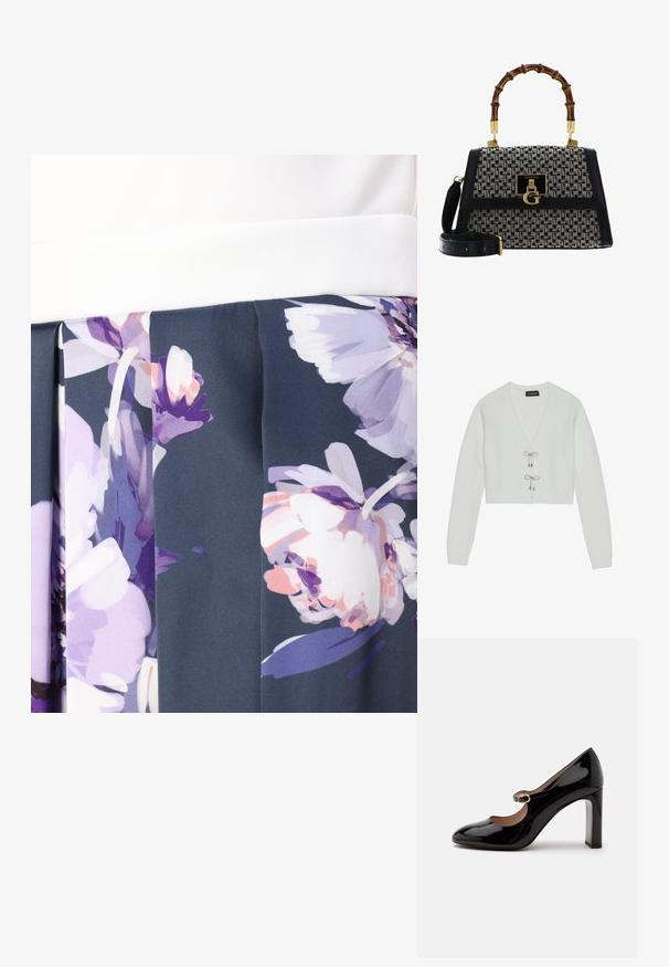 Even&Odd by Zalando Chaqueta de punto - 001 - white; Falda floral con una cinturilla blanca estructurada. La tela presenta patrones florales multicolores sobre un fondo oscuro, con detalles de diseño plisados.; Zapato Mary Jane de tacón alto de charol negro con punta redondeada y una pequeña correa con hebilla sobre el empeine sobre fondo blanco.; Bolso de mano con un diseño en blanco y negro, con un asa de bambú, acentos dorados, ribete de cuero texturizado y correa de hombro desmontable.