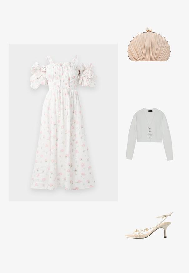 Even&Odd Cardigan - 001 - white; Hvid blomsterkjole med pink rosetter, smocket liv, skulderfri puffærmer og en svævende silhuet.; Hvid hælsandal med tynde stropper, gyldne perleaccents, ankelspænde og en mellemhøj, tilspidset hæl.; Clutch-taske formet som en musling med plisseret beige stof og to perle-lignende knapper som lås på toppen.