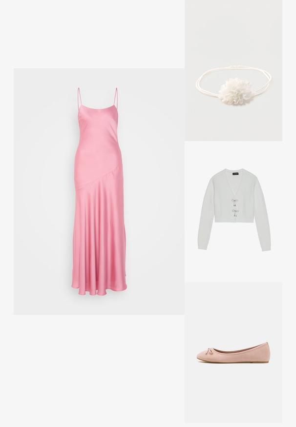 Even&Odd by Zalando Gilet - 001 - white; Robe maxi en satin rose avec de fines bretelles spaghetti, une légère brillance et un détail de couture en diagonale à l'avant, descendant vers un ourlet évasé.; Des ballerines en suede rose doux avec un bout arrondi et un petit nœud sur le devant, dotées d'une semelle plate basse.; Bandeau élastique blanc avec une décoration de fleur en tissu doux centrée sur un fond uni clair.