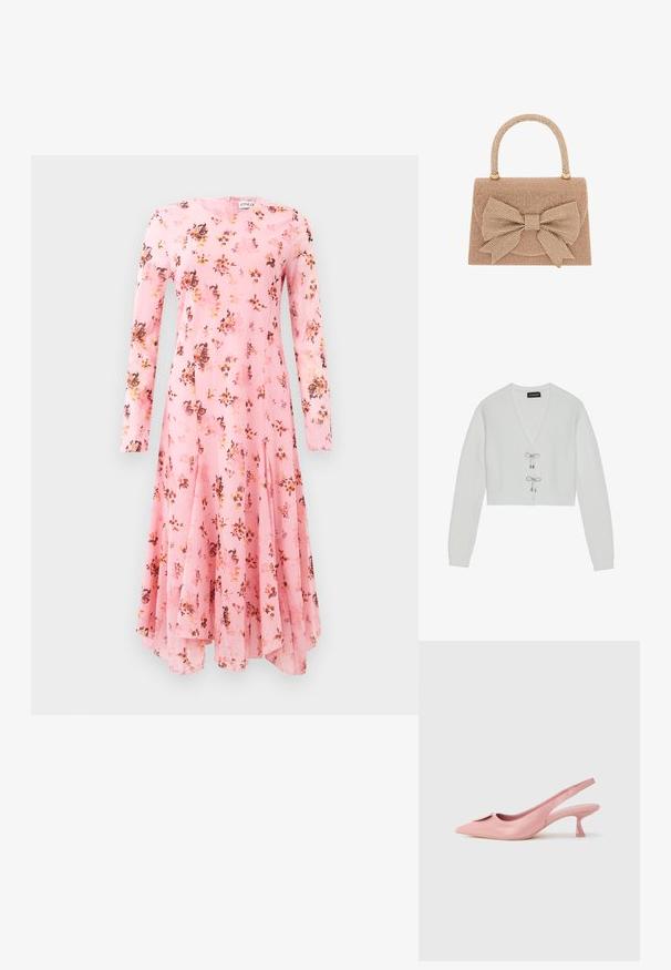 Even&Odd by Zalando Cardigan - 001 - white; Langærmet pink kjole med blomsterprint, der har rund halsudskæring og flagrende kant. Letvægtigt stof med en glat tekstur.; Lyserøde slingback-sko med spids tå, blank tekstur og en lille udskåret detalje. Har en slank hæl og en tekstureret overflade.; Beige håndtaske med struktureret krop, tekstureret stof dekoreret med små metalnitter og en stor sløjfeaccent på forsiden.
